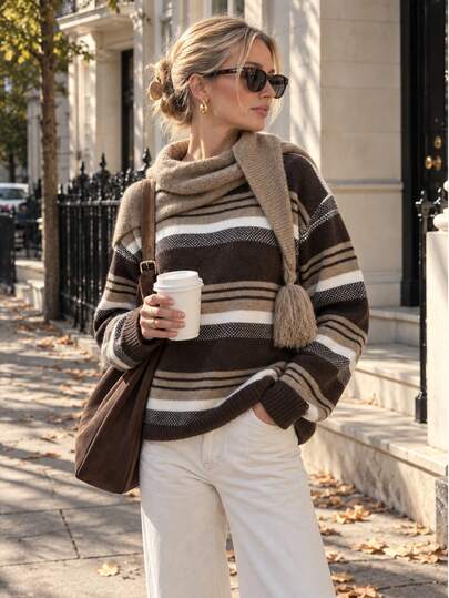 Women's Striped Knit Sweater With Drop Shoulder, Cozy Fall Winter Round Neck Pullover Top With Medium Stretch Fabric For Everyday Comfort