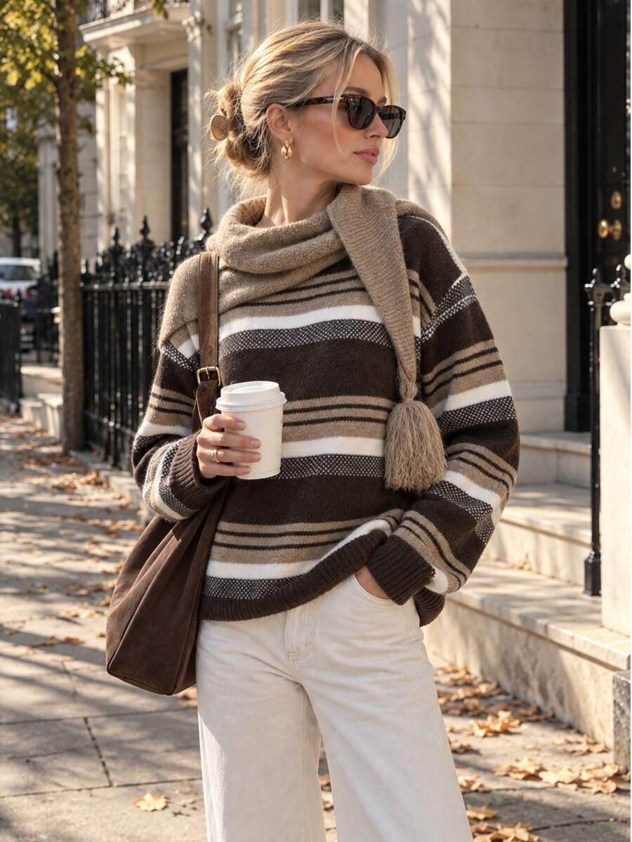 Women's Striped Knit Sweater With Drop Shoulder, Cozy Fall Winter Round Neck Pullover Top With Medium Stretch Fabric For Everyday Comfort - Multicolor - View 1