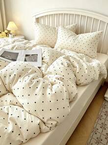 3pcs 100% Cotton Japanese Minimalist Polka Dot Print Pure Cotton Bedding Set 2 Pillowcases + 1 Duvet Cover Combination - White Wave Point - View 2