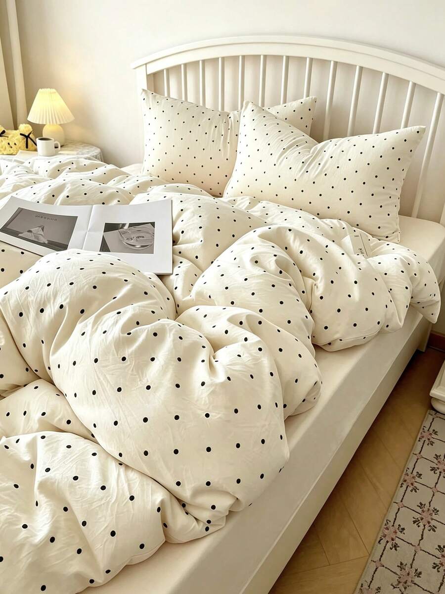 3pcs 100% Cotton Japanese Minimalist Polka Dot Print Pure Cotton Bedding Set 2 Pillowcases + 1 Duvet Cover Combination