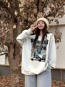 Retro Newspaper Poster Graphic Print Sweatshirt For Women, Casual Loose Fit Crew Neck Pullover, Versatile Lazy Style Autumn/Winter Top - White-gray - View 5
