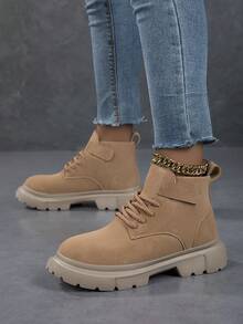 Sepatu Bot Wanita Gaya Jalanan Musim Gugur/Dingin, Bertali, Desain Bagian Atas Warna Polos, Sepatu Bot Kasual Setinggi Mata Kaki dengan Sol Tebal dan Model Rendah - Unta - View 3