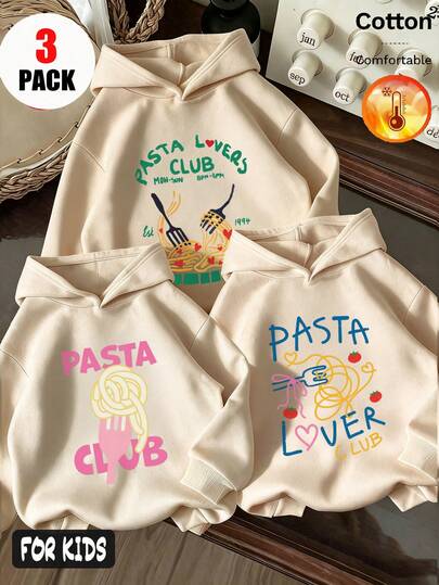 Autumn/Winter 3 Pieces Set Girls Fleece Hooded Sweatshirt, Pasta Lover Club Print, Long Sleeve, Ribbed Cuffs, Y2K Style