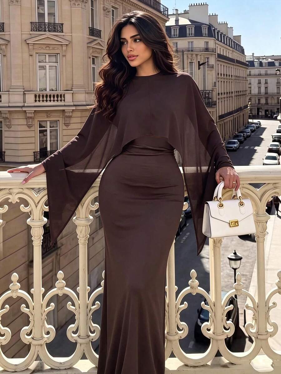 Autumn/Winter Fashion Elegant Luxury Women's Solid Color Round Neck Asymmetric Design Slim Fit Cape Chiffon Elegant 2 In 1 Dress