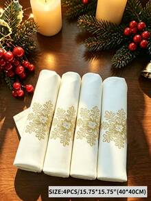 1 st 100 % polyester linneservett med broderad julsnöflinga, vit middagsservett för julhelgsparty och bordsdekoration - Guld - Visa 12