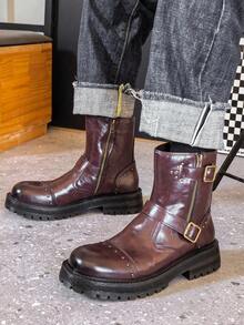 Vintage Rivet Motorcycle Boots For Men, Double Buckle Design With Side Zipper, Thick Sole Short Shaft Boots, Street Workwear Boots, Fashion Chelsea Boots - Brown - View 8