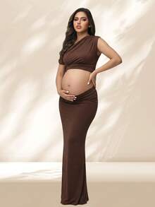 JustVH Maternity Asymmetric Pleated Collar Solid Color Crop Top + Skirt 2 Pieces Set, Suitable For Autumn Baby Baptism - Brown - View 5