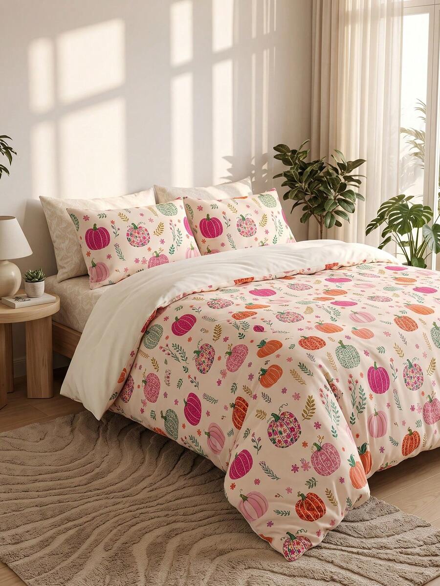 2/3pcs Autumn Pumpkin Duvet Cover Set, Bedding Set, Comfortable & Breathable, Lightweight, Anti-Pilling/Machine Washable, Room Decor, Bedroom Decor, Dorm Bedding, Suitable For Autumn/Winter/All Seasons, Fits Single/Double/Queen/King Size Bed - Multicolor - View 1