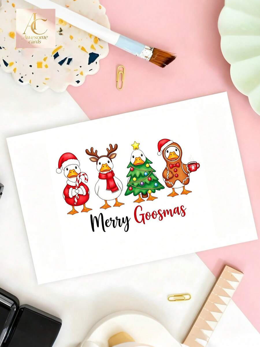 Cute Duck Merry Goosmas Christmas Greeting Card, Funny Cartoon Goose Xmas Card, Holiday Gift Card For Family Friends, Unique Festive Season Celebration Card - One Size Fits All - View 1
