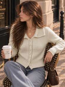 Women Elegant Apricot Knit Cardigan,Polo Neck Pearl Button Front Long Sleeve Sweater,Textured Ribbed Fall Winter Vintage Layering Top,Going Out Outfit - Apricot - View 6