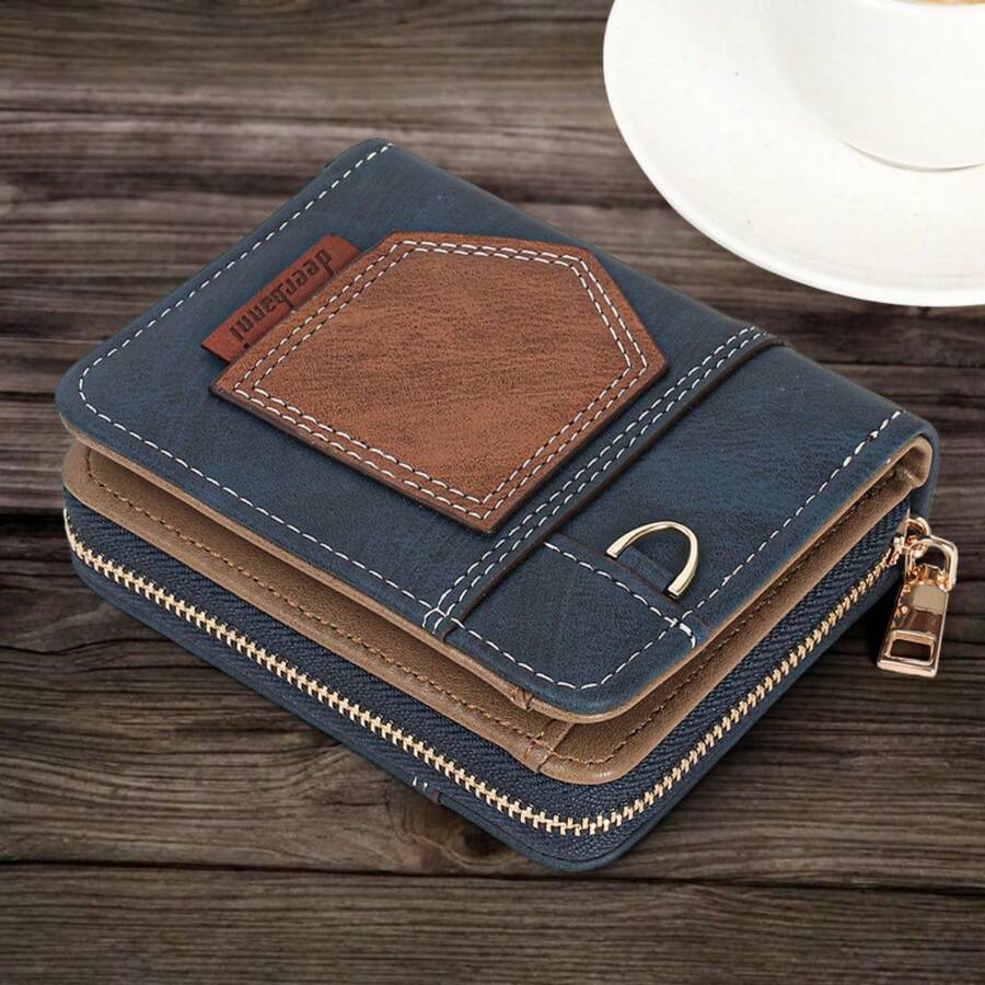 1pc Men's Fashion Vintage Short Wallet, Slim Casual Zipper Soft Leather Wallet With Multiple Card Slots And Large Capacity, PU Credit Card Holder, Small Zipper Coin Pouch With Zipper Closure Business Wallet, Ideal Gift For Men - Multicolor - View 1