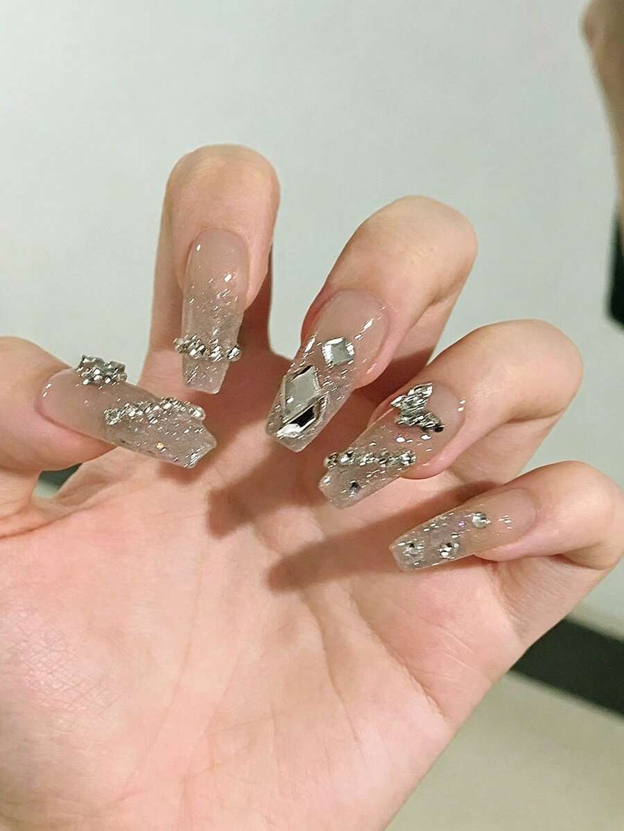 30Pcs Short Coffin Nail Tips, Vampire Inspired Metallic Glitter Press-On Nails, 1Pc Jelly Gel And 1Pc Nail Buffer Block Included, Suitable For Party, Dance, Daily Use Nail Supplies Nails - Multicolor - View 1