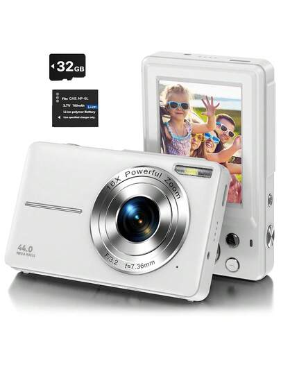 Nicamery Cámara digital compacta de 44MP FHD 1080P, 16X Zoom, con tarjeta de memoria de 32GB incluida, ideal como regalo para principiantes