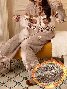 Gongdie Universal 2pcs Bob Tim Women's Fleece Pajama Set, Winter Brown Fair Isle Pattern Thick Plush Loungewear - Brown - View 5