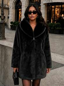 Women's Mid-Length Fashion Jacket Coat, Solid Color Faux Fur, Zipper Closure, Casual Vacation Daily Winter - Black - View 2