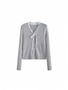 Soft Korean Style Fitted Short Knit Sweater For Women, Spring/Autumn New Long Sleeve Base Layer With Bowknot Strap - Grey - View 2