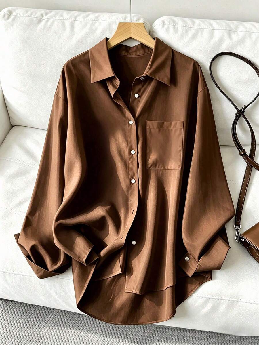 Women's Casual Loose Long Sleeve Shirt, Spring/Autumn Brown - Brown - View 1