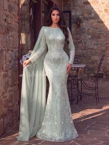 Faeriesty Elegant Women's Sequin Long Mermaid Evening Gown, Long Sleeve Round Neck Formal Dress With Contrast Mesh Detail, Suitable For Ball Events - Mint Green - View 4