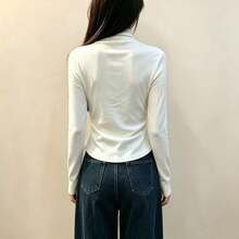 White Semi-High Neck Long Sleeve T-Shirt Base Layer, Women's Autumn/Winter Fashion Commute Warm Inner Wear, Brushed Fleece Wrinkled Crop Top - White - View 5
