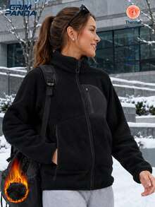 GRIM PANDA Women's Double-Sided Fleece Jacket, Full Zip Front, Zipper Pockets, Soft Warm Stand Collar Outdoor Winter Coat, Suitable For Daily Wear And Hiking - Black - View 8