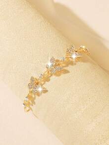 1pc Exquisite Full Rhinestone Butterfly Adjustable Pull Bracelet, Luxury Gold-Tone Rhinestone Butterfly Hand Jewelry, Versatile Daily Wear Jewelry Gift - Gold - View 3
