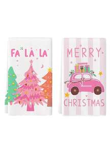 2pcs Pink Christmas Tree And Merry Christmas Print Kitchen Towels, Festive Dish Cloths, Suitable For Kitchen Cleaning & Christmas Decor - Pink - View 9