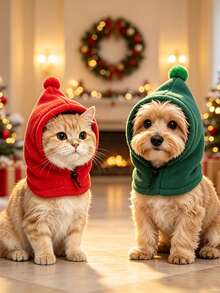 1pc Pet Christmas Hat, Soft Fleece With Pom Pom Hood, Adjustable Drawstring Warm Headwear, Suitable For Cats And Small Dogs, Holiday Party Photo Prop Pet Clothing Accessory, Holiday Pet Photo Accessory - Multicolor - View 8