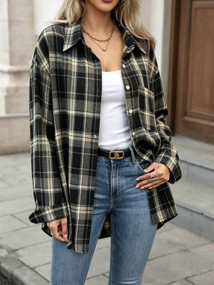 Women's Plaid Front Button Pocket Casual Shirt - Black - View 1