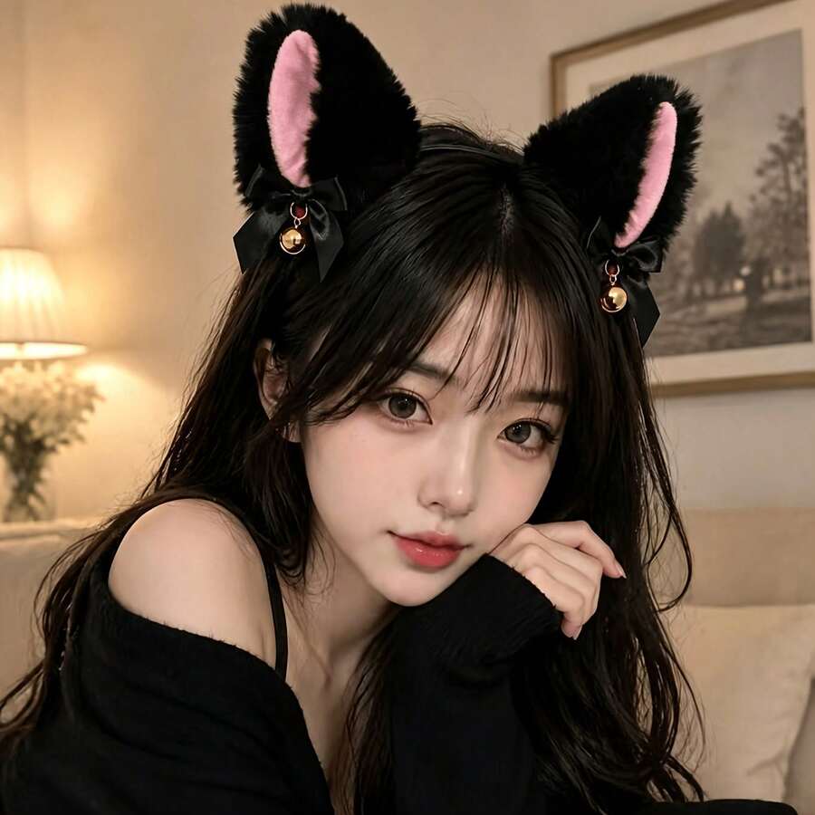 Halloween Plush Cat Ear Headband With Bell, Black And Red Cosplay Hair Hoop, Cute Anime Costume Party Hair Accessory For Women - Cat Ears - View 1