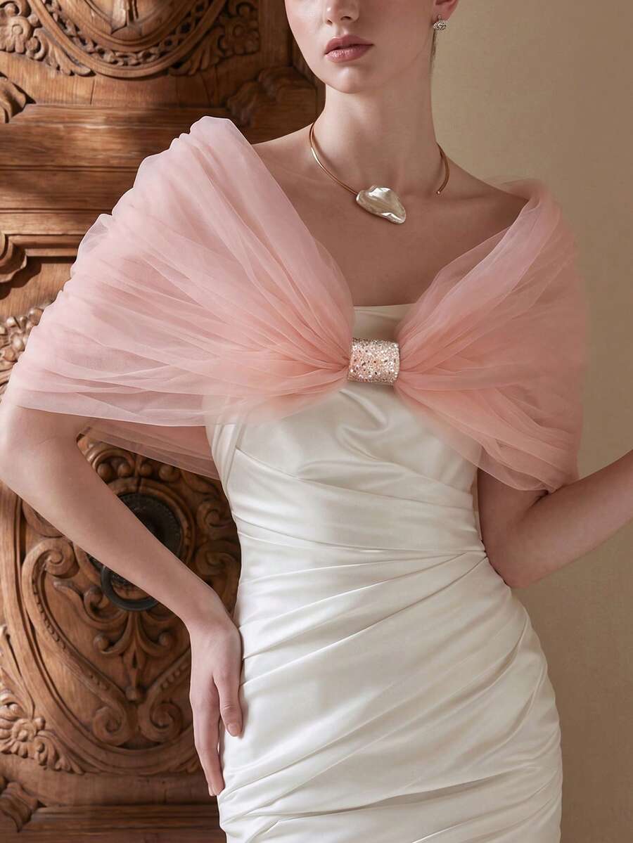 1pc Light Pink One Size Cold Shoulder Bridal Shawl, Short Tulle Wedding Shoulder Wrap, Bridal Photography Party Evening Dress Accessory