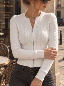 Women's White Cable Knit Cardigan, Zipper Long Sleeve Round Neck Ribbed Hem Slim Fit Casual Top, Fashionable Daily And Night Out Wear - White - View 6