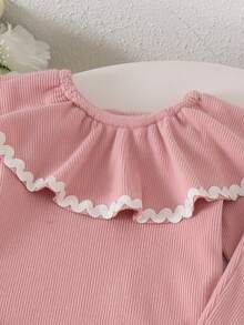 2pcs Baby Girl Pink Soft Cute Comfortable Ruffle Collar Ribbed Long Sleeve Bodysuit & Flared Pants Set, Thin Spring/Autumn - Pink - View 6