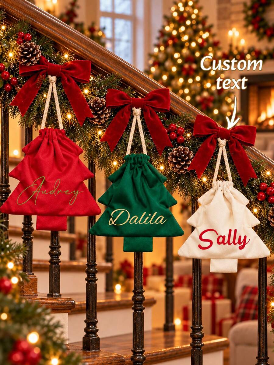 1PC Custom Sublimation Christmas Tree Shaped Drawstring Pouch, Personalized Name Printed Xmas Gift Bag, Tree Silhouette With Drawstring Closure, 3 Available Styles, Home Holiday Decor, Ideal Holiday Gift For Family And Friends