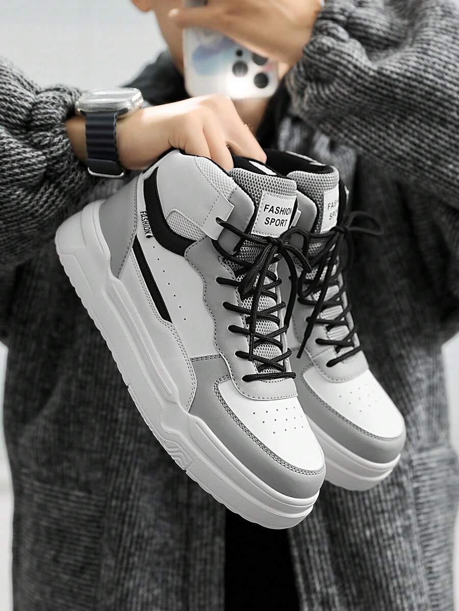 Men's Minimalist Grey & White Contrast High-Top Casual Shoes, Mesh Patchwork Front Lace-Up Black Line Decor College Style Thick Sole Platform Sneakers