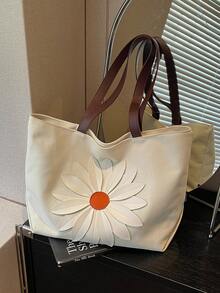 1pc 3D Floral Pattern Canvas Fabric Large Capacity Zipper Closure Casual Sweet Tote Shoulder Bag Suitable For Women's Daily Commute And Vacation - A - View 9
