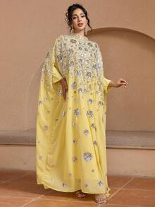 JINLICX Luxury Yellow Kaftan Silver Rhinestone Sequin Floral Embroidery Cape Maxi Dress - Yellow - View 4