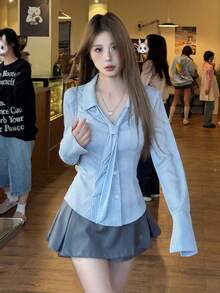 Satin Collar Striped Waist Fitted Long Sleeve Blouse For Women, Sweet & Spicy Vibe, Spring - Blue - View 2