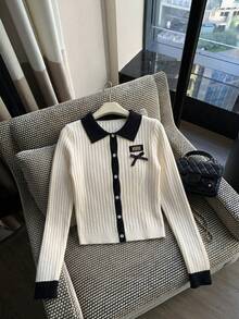 Sweet Y2K Contrast Color Bow Ribbed Knit Cardigan Women's Long Sleeve Slim Fit Cropped Sweater Top, Suitable For Summer Vacation, Back To School Casual Wear - Apricot - View 5