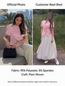 Women's Elegant Pink Round Neck Top, Bubble Short Sleeve, Front Button Closure Design, Fashionable Lightweight Thin Jacket, Suitable For Commuting, Holiday, Casual, Birthday, Outdoor Wear In Summer - Pink - View 5
