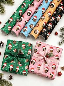 Personalized Christmas Wrapping Paper With Custom Photo Face,Custom Face Gift Wrap,Funny Santa Hat Portrait Gift Wrap For Family Friends Couples,Festive Snowflake Design,Multiple Colors For Holiday Birthday Party Gift Packaging Decor - Multicolor - View 4
