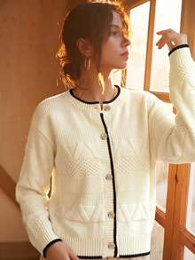 Knit Mix Elegant Women's Autumn/Winter Fashion French Style Commuter Knit Round Neck Long Sleeve Top, Contrast Trim Loose Cardigan - Apricot - View 6
