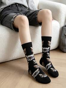 1 Pair Black Bottom Cat Glasses All-Over Print Women's Mid-Calf Socks, Vintage Fun Cartoon Animal Pattern Versatile Casual Mid-Calf Socks - Multicolor - View 2