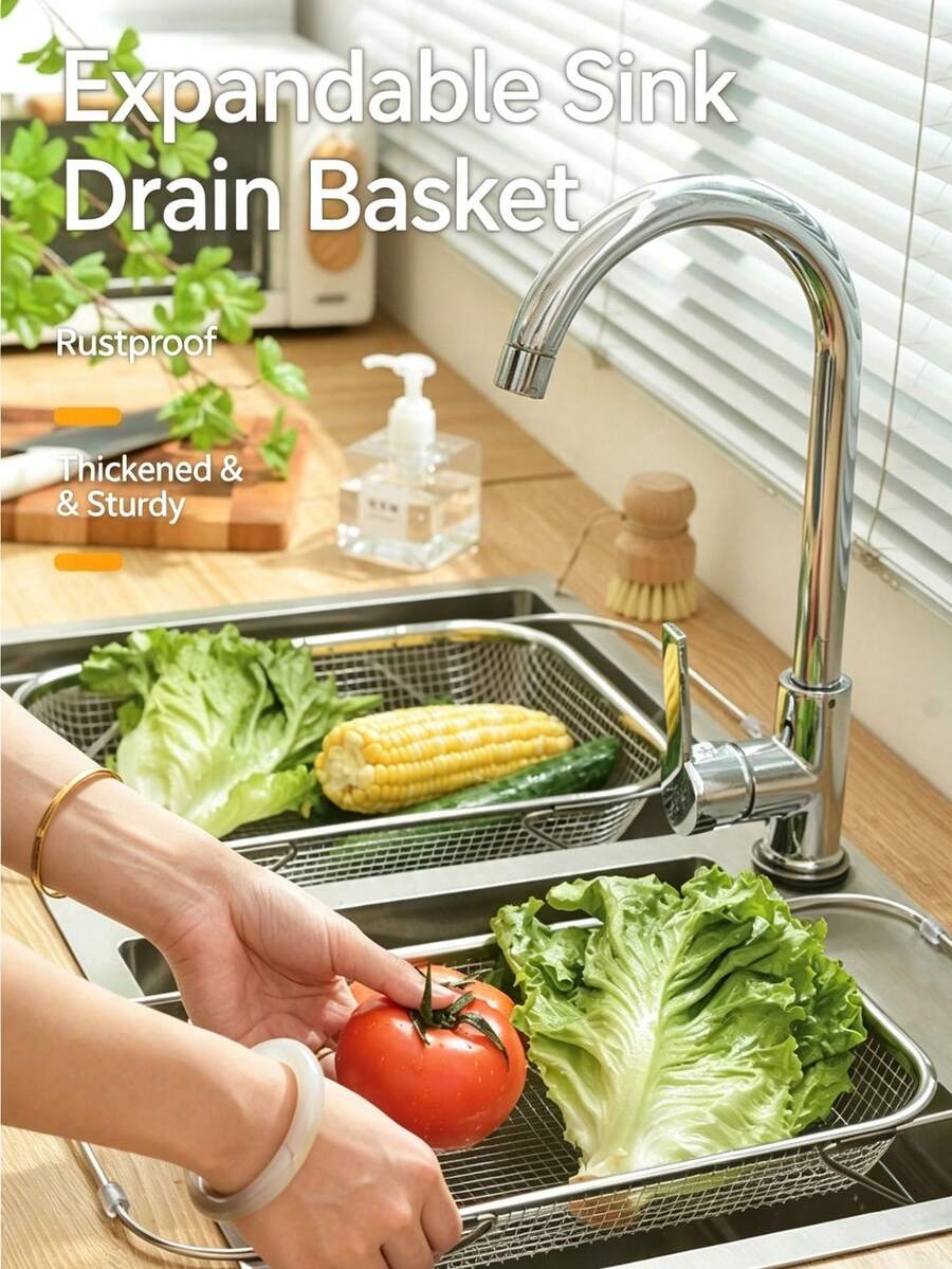 1PC Stainless Steel Sink Drain Basket Sink Vegetable Washing Basin Retractable Household Filter Fruit Storage Rack - One Size - View 1