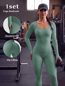 Women's Solid Color Ribbed Seamless Inner Shirt, Long Sleeve, Tummy Control Butt Lift Slim Fit, Autumn Multi-Functional Daily Casual Fitness Skiing Base Layer - Mint Blue - View 8