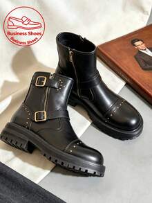 Men's Rivet Motorcycle Ankle Boots Vintage Buckle Side Zipper Boots Thick Sole Height-Increasing Punk Style Work Boots Streetwear Boots Wasteland Style Chelsea Boots - Black - View 3
