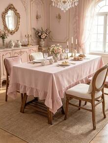 1PC Soft Matte Light Pink Ruffle Edge Tablecloth, French Elegant Vintage Style, Suitable For Home Dining Table, Holiday Gathering, Afternoon Tea, Wedding Banquet, Store Decoration And Multiple Occasions - Pink - View 4