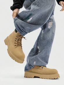 New Autumn/Winter Men's Lace-Up High-Top Ankle Boots, Thick Sole, Plus Size, Side Zipper, Motorcycle Boots, Chunky Heel, Durable Work Boots, Suitable For Outdoor, Halloween, Graduation Season, Camping, Dating, Commuting, Party - Khaki - View 4