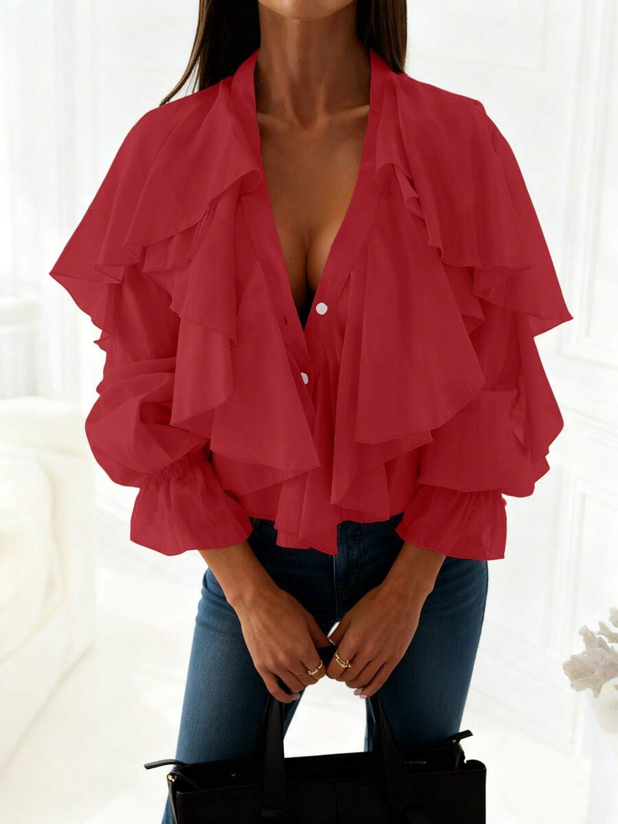 Women's V-Neck Lantern Sleeve Ruffle Trim Button Decor Loose Chiffon Blouse, Fashion Sexy Casual Semi-Sheer Bohemian Style Beach Top, Suitable For Spring, Autumn And Summer - Red - View 1
