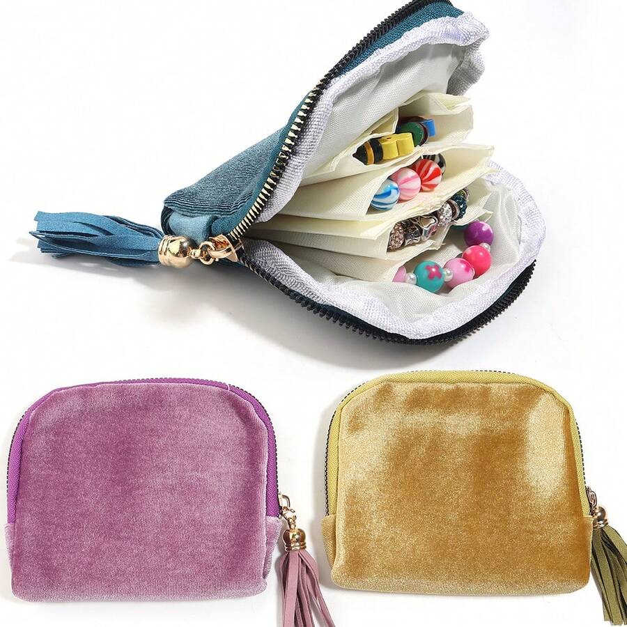 1pc 6-Layer Velvet Jewelry Storage Bag, Korean Velvet Material With Tassel Pendant, Multi-Function Jewelry Organizer Bag For Rings, Earrings, Necklaces, Travel And Home Jewelry Storage, Gift Box Bag
