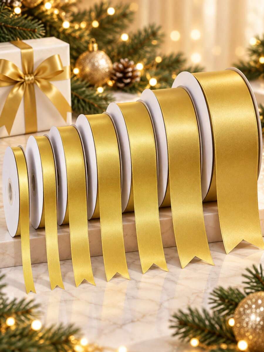 Gold Christmas Satin Ribbon 10 Yards Multiple Sizes Decorative Ribbon Satin Ribbon Suitable For DIY Crafts, Gift Wrapping, Bows, Parties, Weddings, Christmas Decorations (Paper Spool Not Included) - Gold - View 1